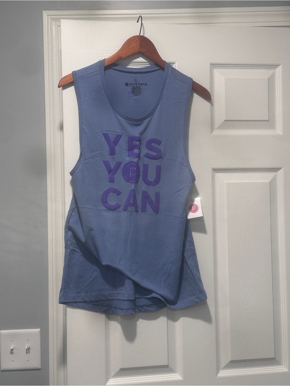 Pure Barre Blue Tank with Purple "YES YOU CAN" Graphic